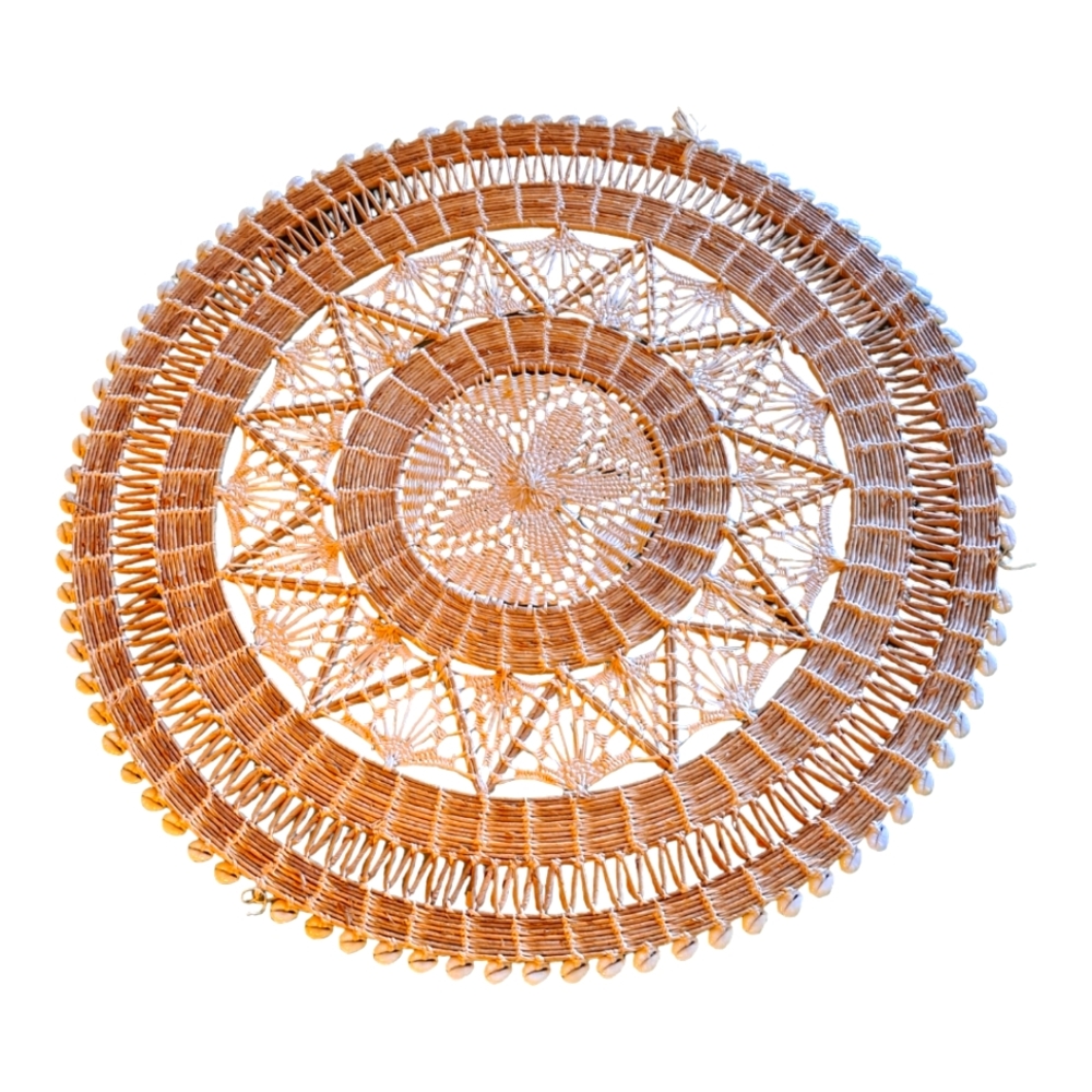 VTG Large Courie Shell Pattern Straw Woven Basket Wall Hanging.